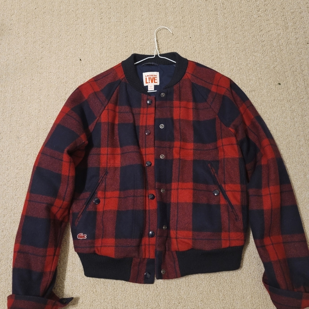 Lacoste Red and Black Bomber Jacket with Ribbed Accents